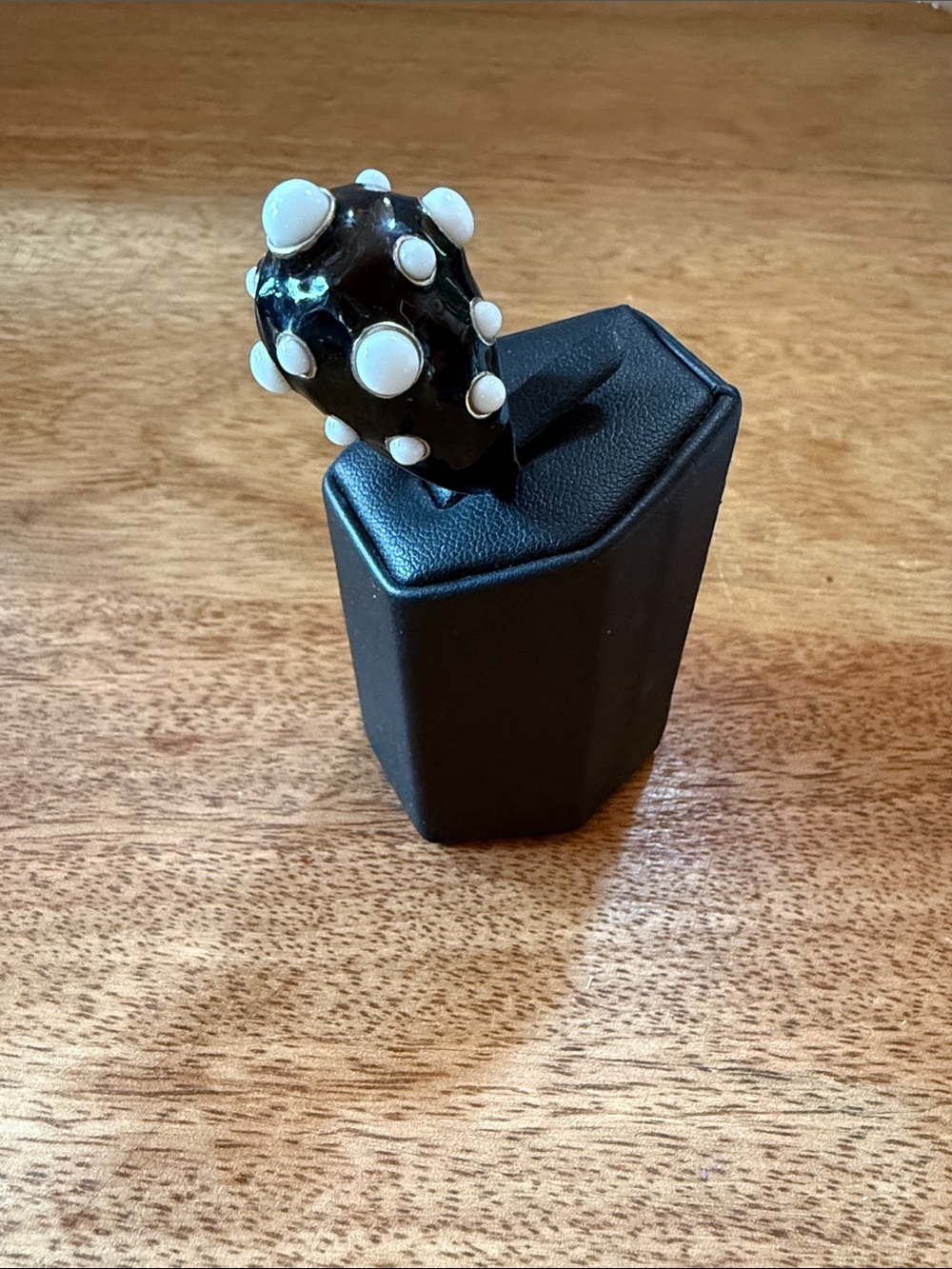 Black Enamel Ring with White Glass Dots
